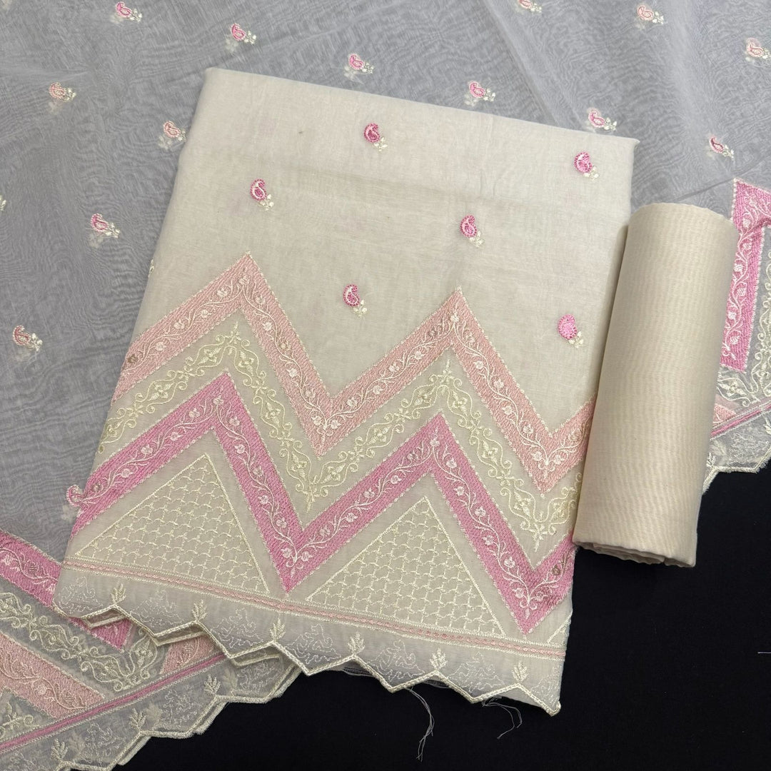 Elegant Mal Chanderi Thread Embroidered Unstitched Suit Set - LF1301-1D