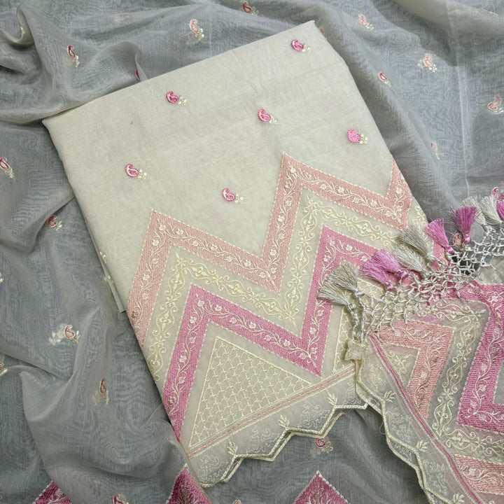 Elegant Mal Chanderi Thread Embroidered Unstitched Suit Set - LF1301-1D