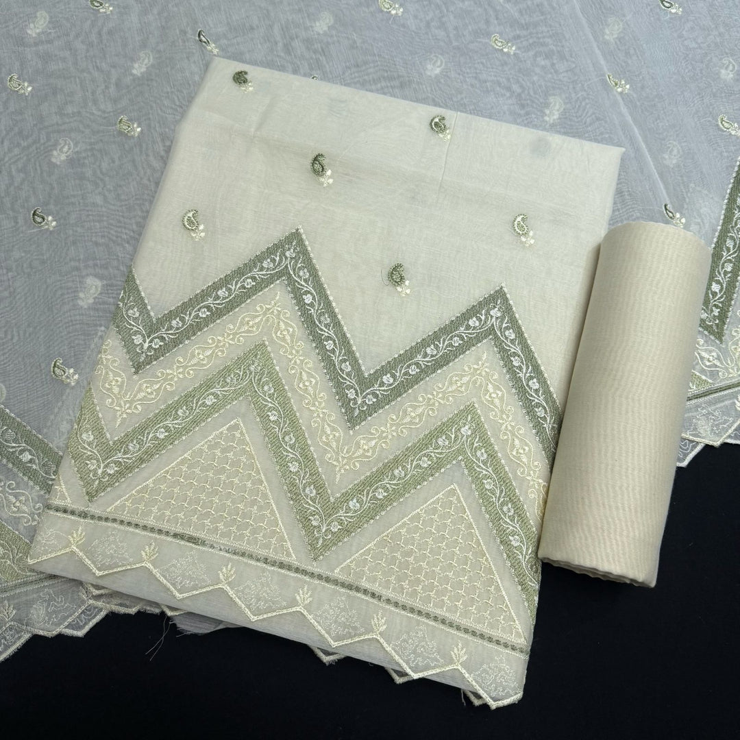 Elegant Mal Chanderi Thread Embroidered Unstitched Suit Set - LF1301-1A