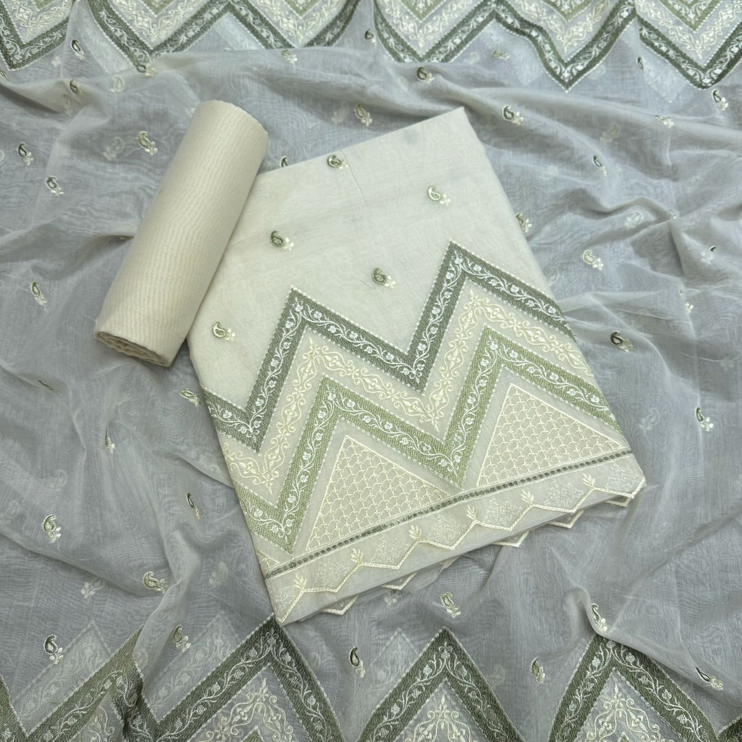 Elegant Mal Chanderi Thread Embroidered Unstitched Suit Set - LF1301-1A