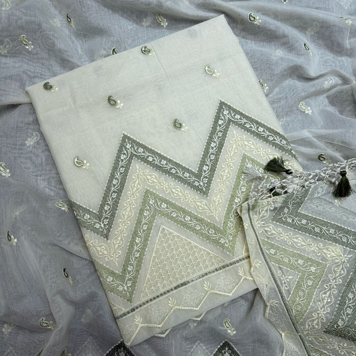 Elegant Mal Chanderi Thread Embroidered Unstitched Suit Set - LF1301-1A