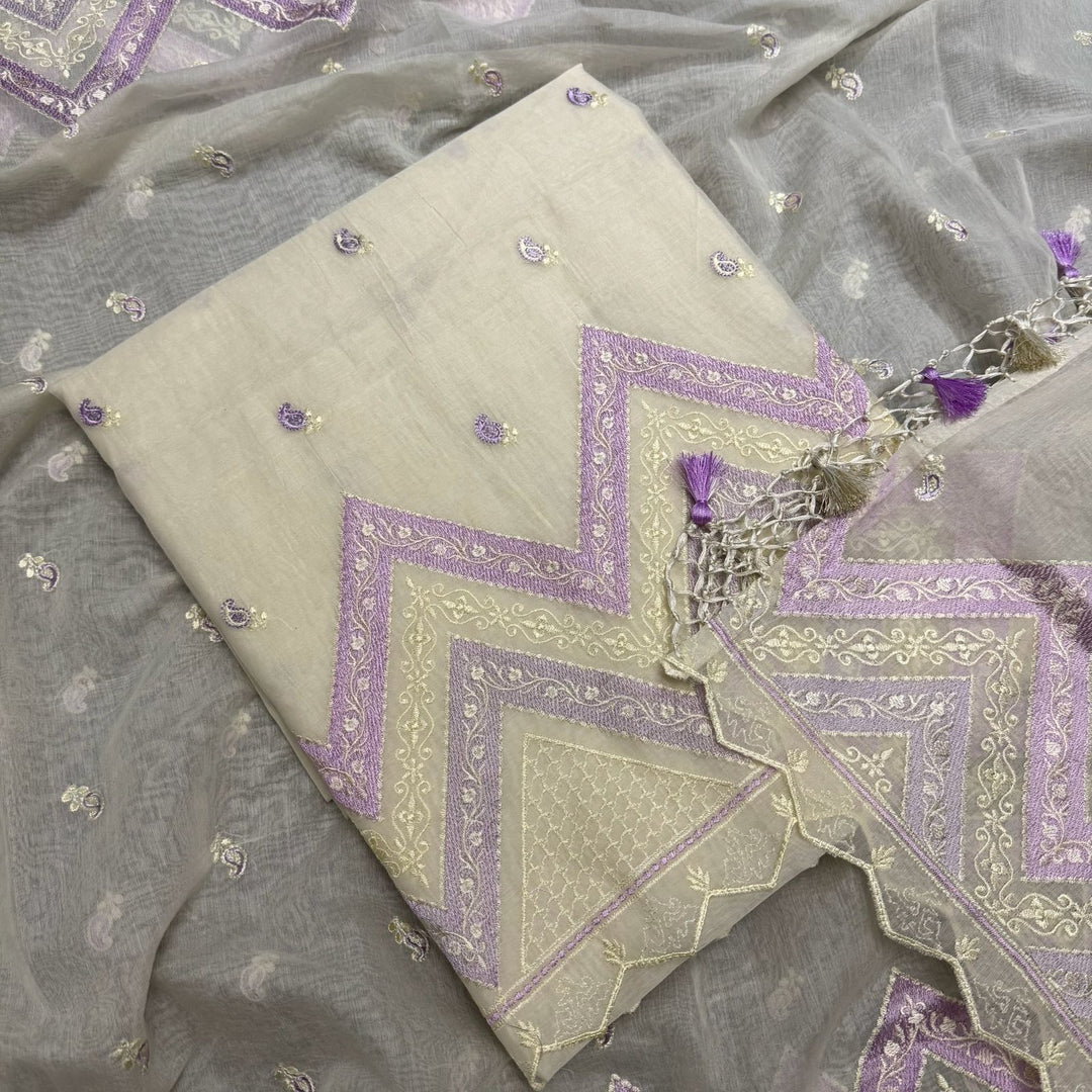 Elegant Mal Chanderi Thread Embroidered Unstitched Suit Set - LF1301-1E