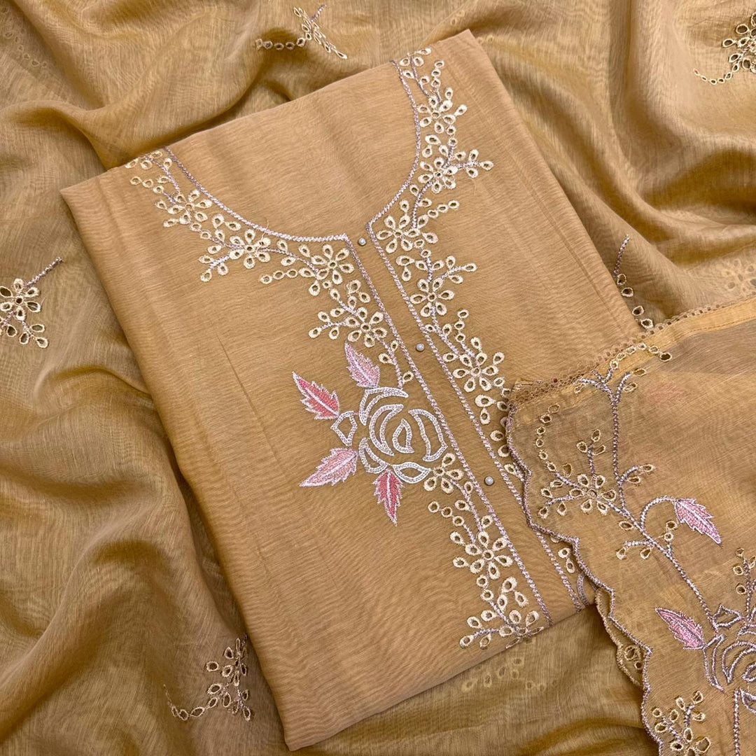 Elegant Mal Chanderi Thread Embroidered Cutwork Unstitched Suit Set - S28571-1