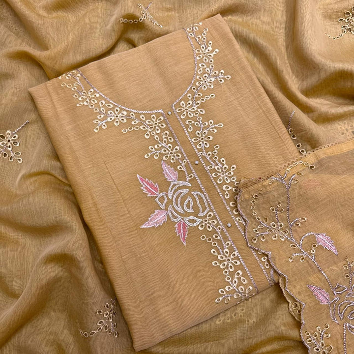 Elegant Mal Chanderi Thread Embroidered Cutwork Unstitched Suit Set - S28571-1