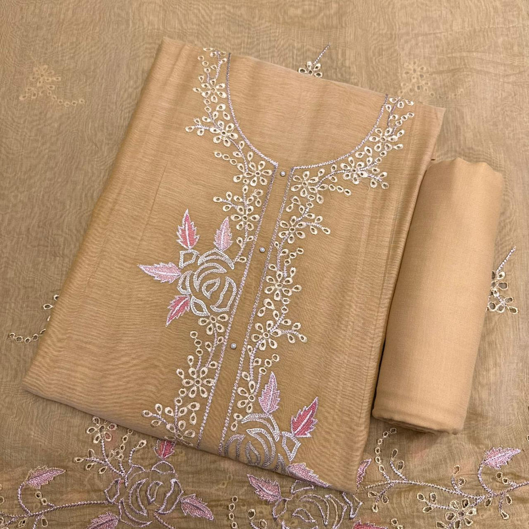 Elegant Mal Chanderi Thread Embroidered Cutwork Unstitched Suit Set - S28571-1
