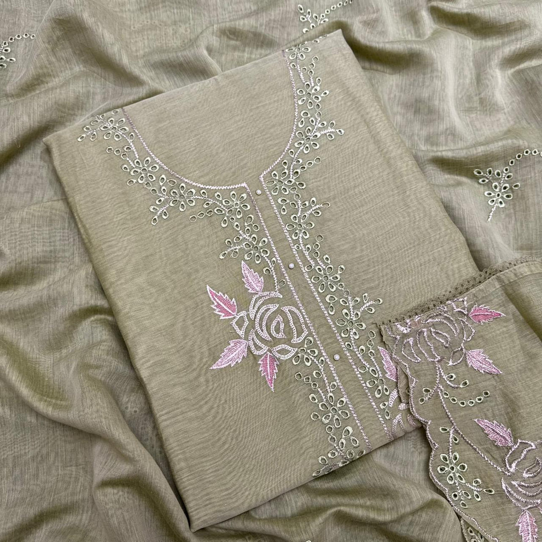Elegant Mal Chanderi Thread Embroidered Cutwork Unstitched Suit Set - S28571-4