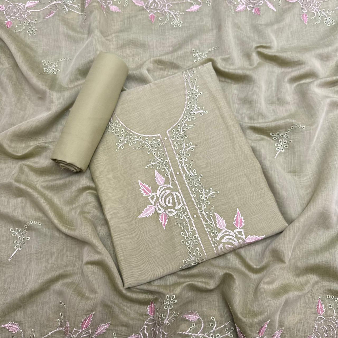 Elegant Mal Chanderi Thread Embroidered Cutwork Unstitched Suit Set - S28571-4