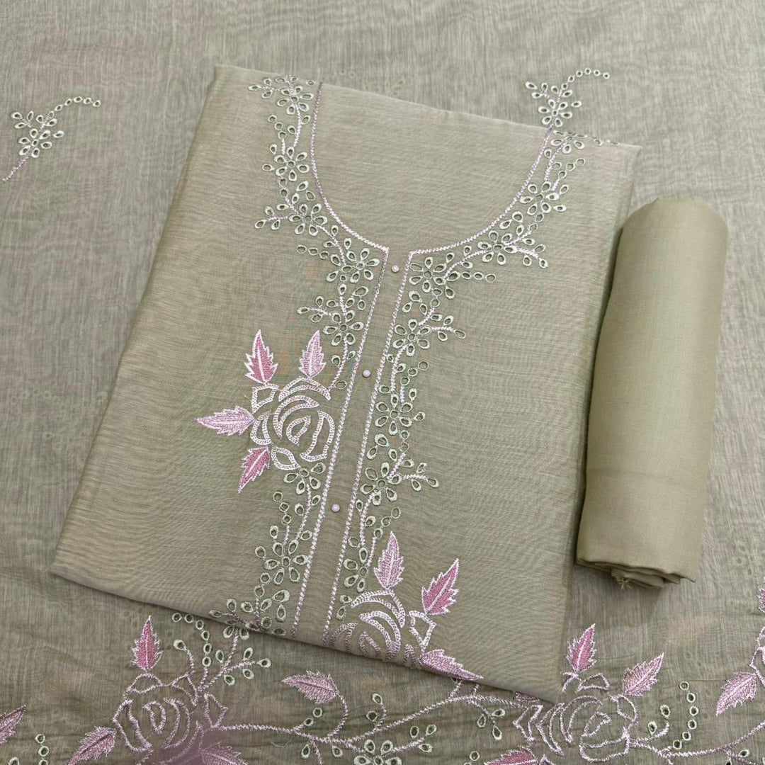 Elegant Mal Chanderi Thread Embroidered Cutwork Unstitched Suit Set - S28571-4