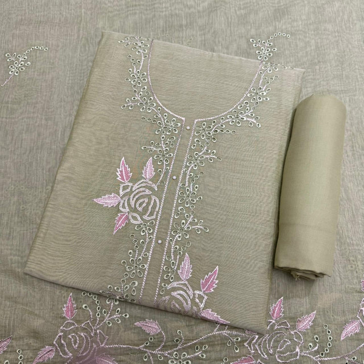 Elegant Mal Chanderi Thread Embroidered Cutwork Unstitched Suit Set - S28571-4