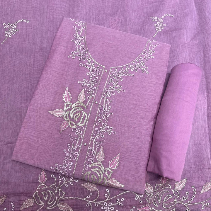 Elegant Mal Chanderi Thread Embroidered Cutwork Unstitched Suit Set - S28571-3