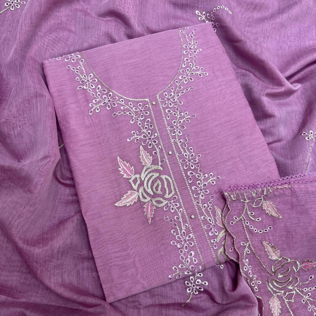Elegant Mal Chanderi Thread Embroidered Cutwork Unstitched Suit Set - S28571-3