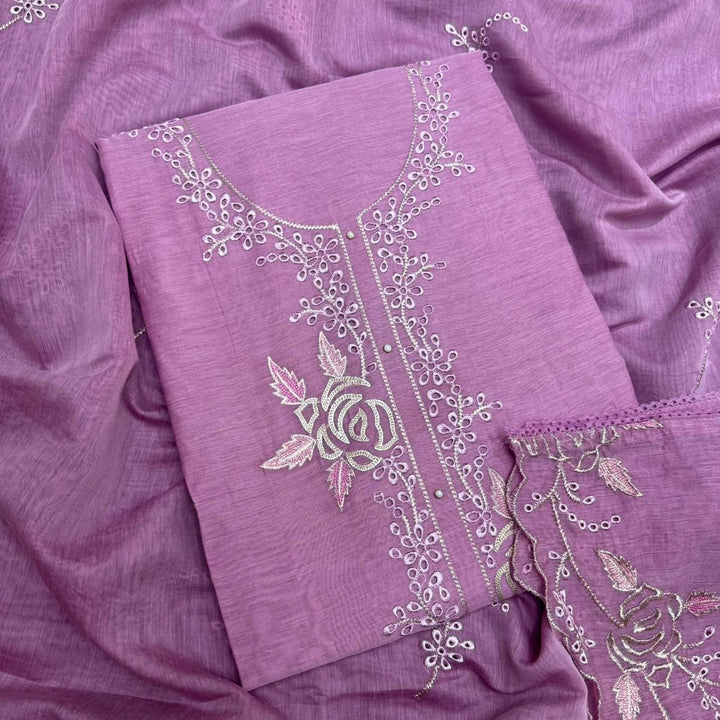Elegant Mal Chanderi Thread Embroidered Cutwork Unstitched Suit Set - S28571-3