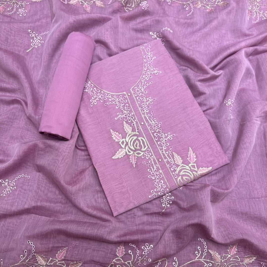 Elegant Mal Chanderi Thread Embroidered Cutwork Unstitched Suit Set - S28571-3