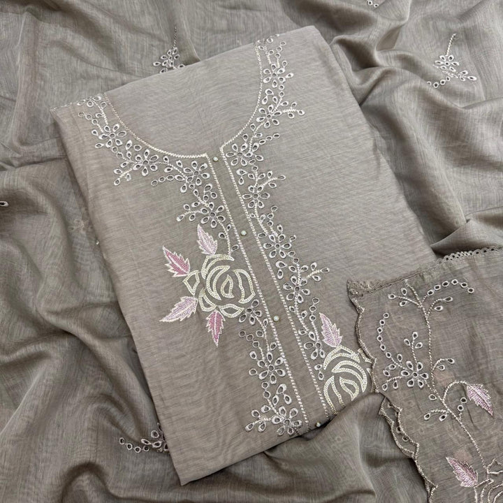 Elegant Mal Chanderi Thread Embroidered Cutwork Unstitched Suit Set - S28571-2
