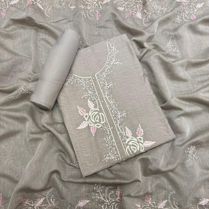 Elegant Mal Chanderi Thread Embroidered Cutwork Unstitched Suit Set - S28571-2
