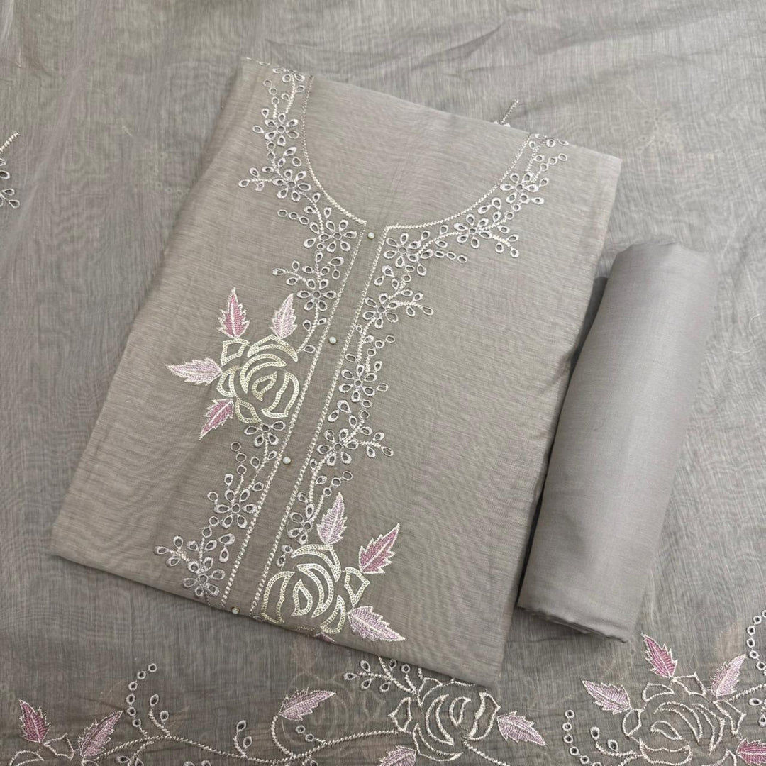 Elegant Mal Chanderi Thread Embroidered Cutwork Unstitched Suit Set - S28571-2