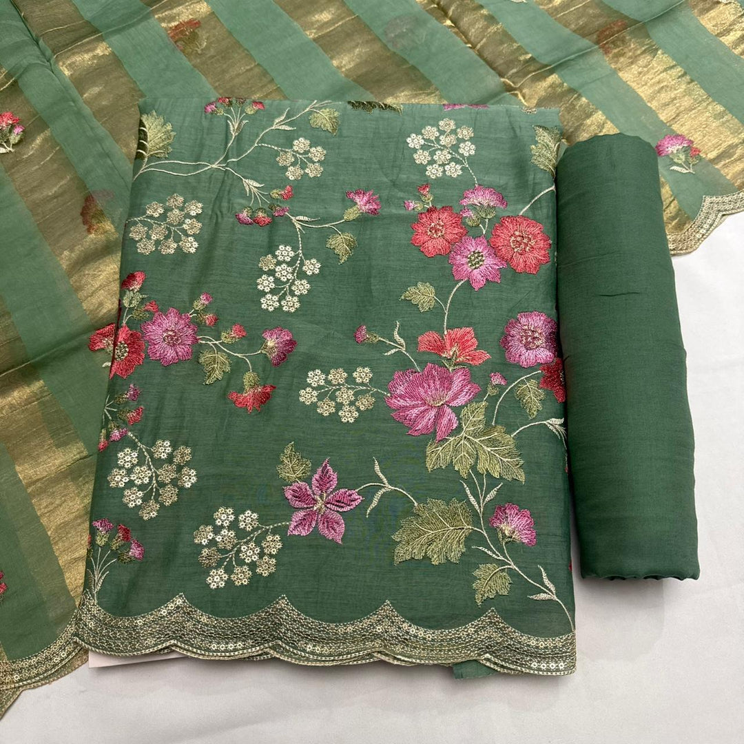 Elegant Mal Chanderi  Multicolor Thread Embroidered Unstitched Suit Set -LV1530-A