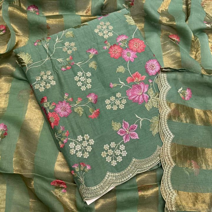 Elegant Mal Chanderi  Multicolor Thread Embroidered Unstitched Suit Set -LV1530-A