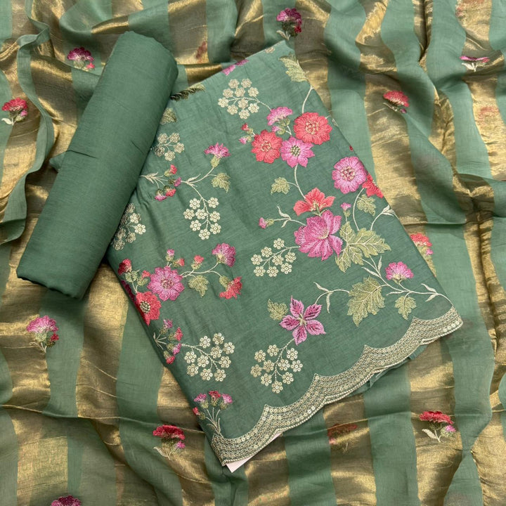 Elegant Mal Chanderi  Multicolor Thread Embroidered Unstitched Suit Set -LV1530-A