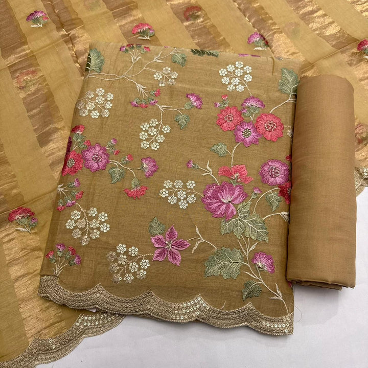 Elegant Mal Chanderi  Multicolor Thread Embroidered Unstitched Suit Set -LV1530-B