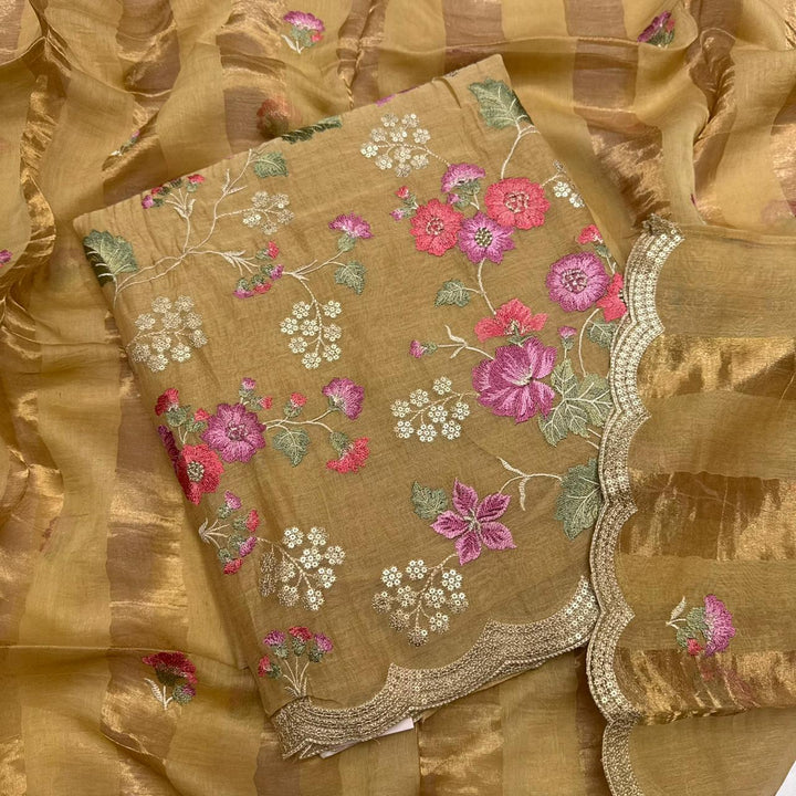 Elegant Mal Chanderi  Multicolor Thread Embroidered Unstitched Suit Set -LV1530-B