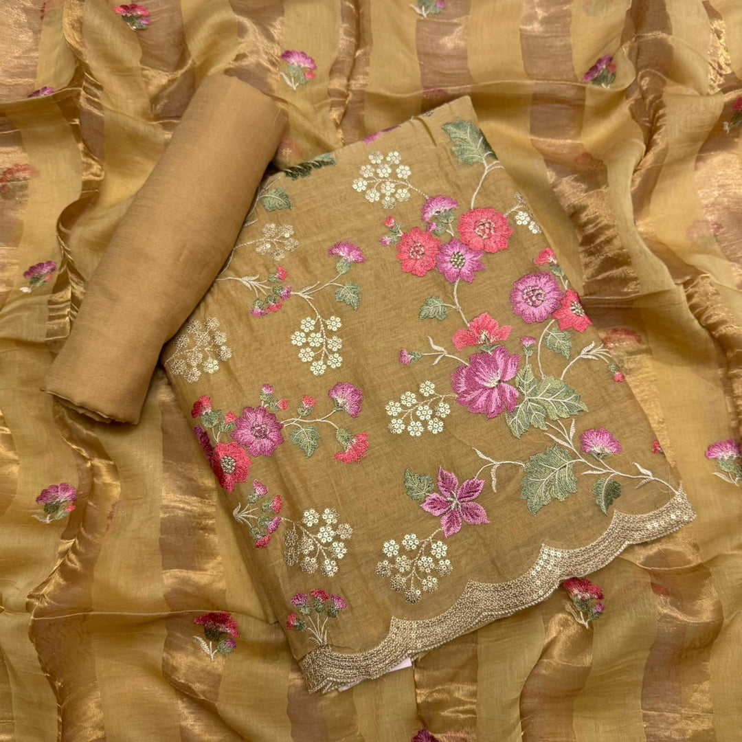 Elegant Mal Chanderi  Multicolor Thread Embroidered Unstitched Suit Set -LV1530-B