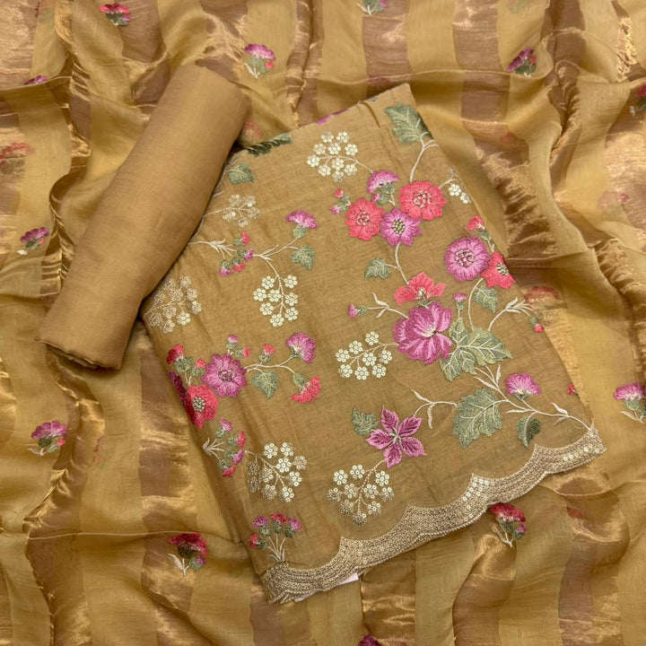 Elegant Mal Chanderi  Multicolor Thread Embroidered Unstitched Suit Set -LV1530-B