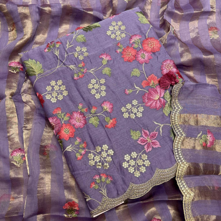 Elegant Mal Chanderi  Multicolor Thread Embroidered Unstitched Suit Set -LV1530-C