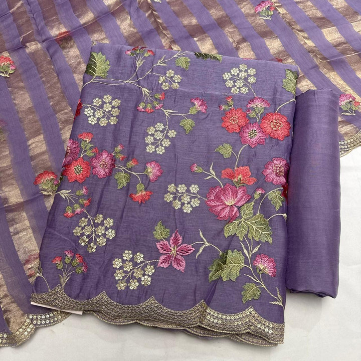 Elegant Mal Chanderi  Multicolor Thread Embroidered Unstitched Suit Set -LV1530-C