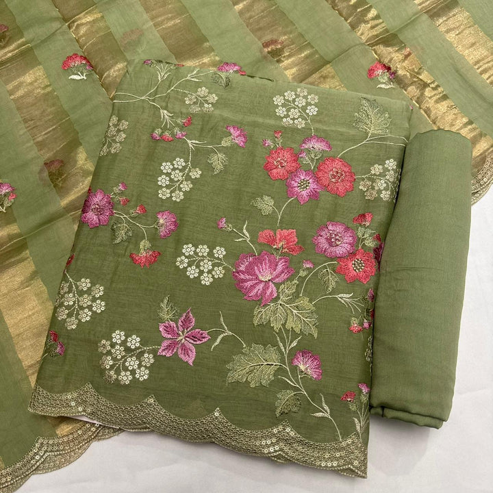 Elegant Mal Chanderi  Multicolor Thread Embroidered Unstitched Suit Set -LV1530-D