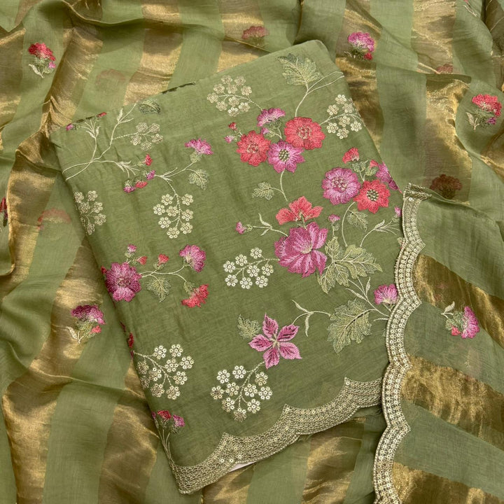 Elegant Mal Chanderi  Multicolor Thread Embroidered Unstitched Suit Set -LV1530-D