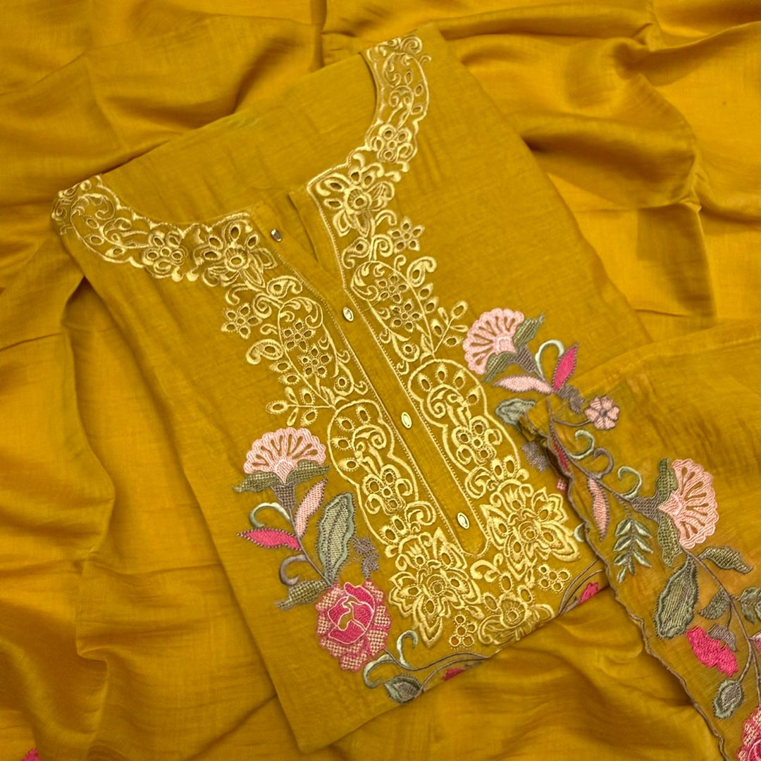 Graceful Mal Chanderi Thread Embroidered Cutwork Unstitched Suit Set - S28577-1