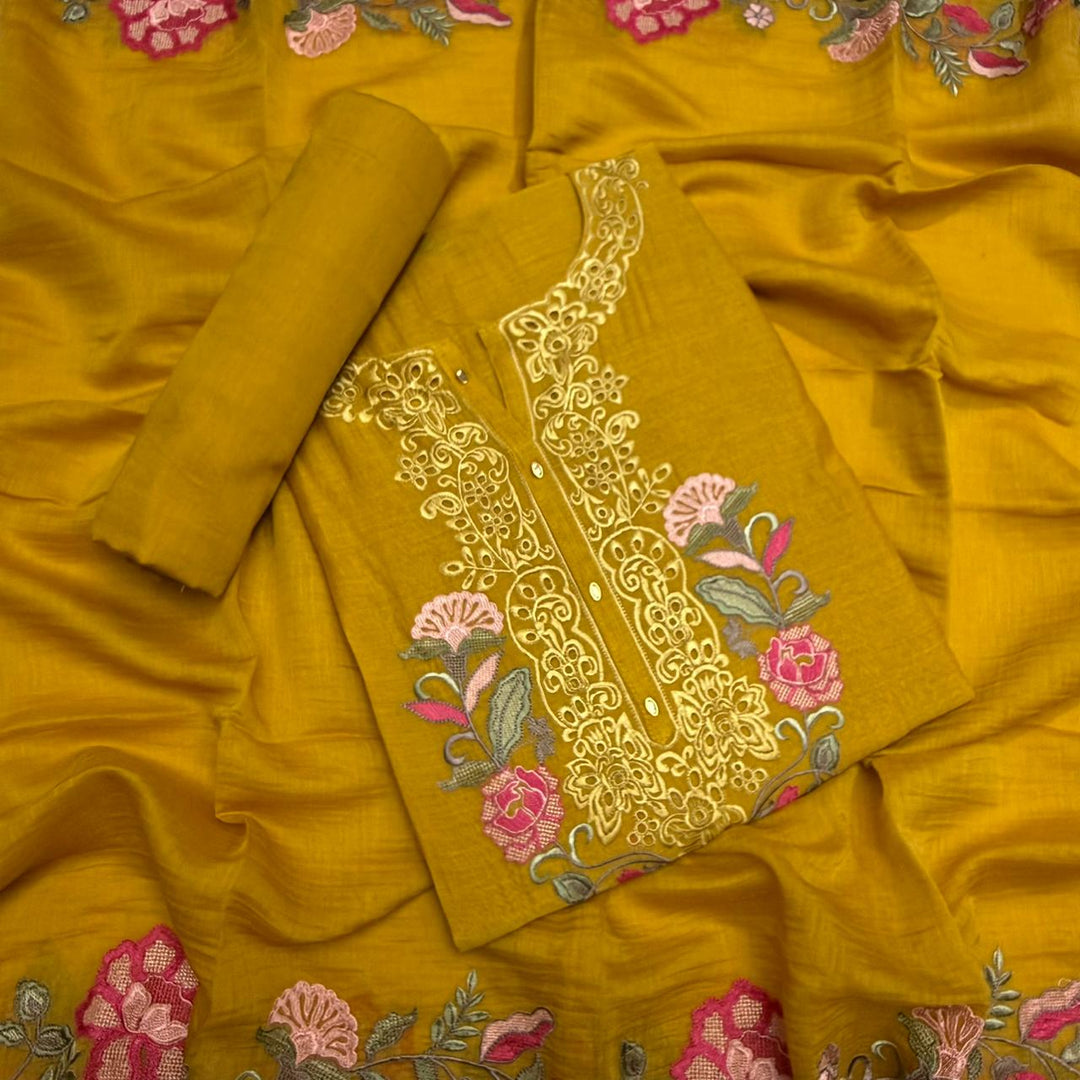 Graceful Mal Chanderi Thread Embroidered Cutwork Unstitched Suit Set - S28577-1