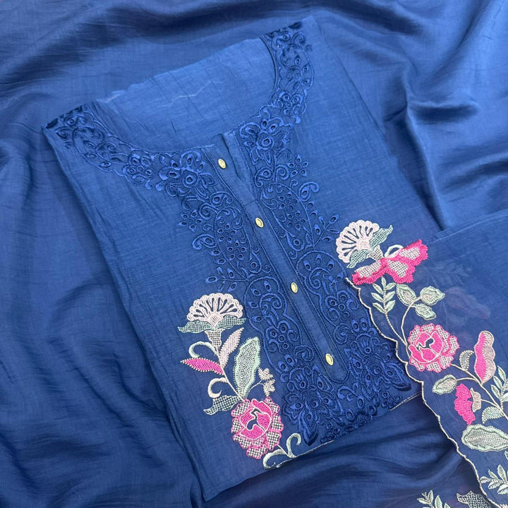 Graceful Mal Chanderi Thread Embroidered Cutwork Unstitched Suit Set - S28577-3