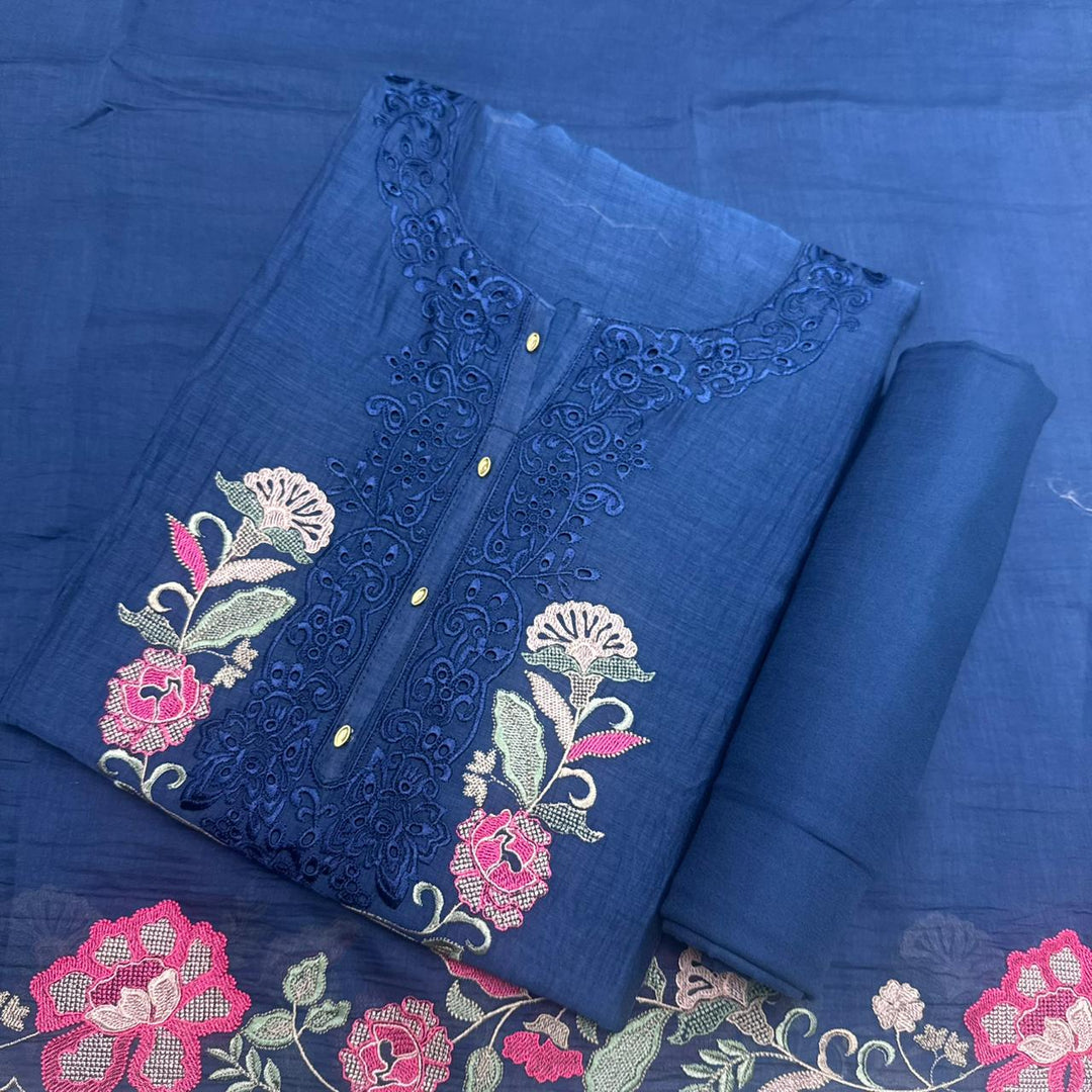 Graceful Mal Chanderi Thread Embroidered Cutwork Unstitched Suit Set - S28577-3