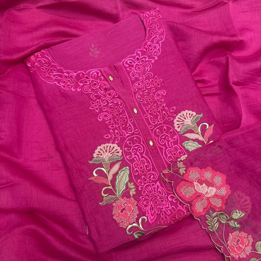 Graceful Mal Chanderi Thread Embroidered Cutwork Unstitched Suit Set - S28577-2