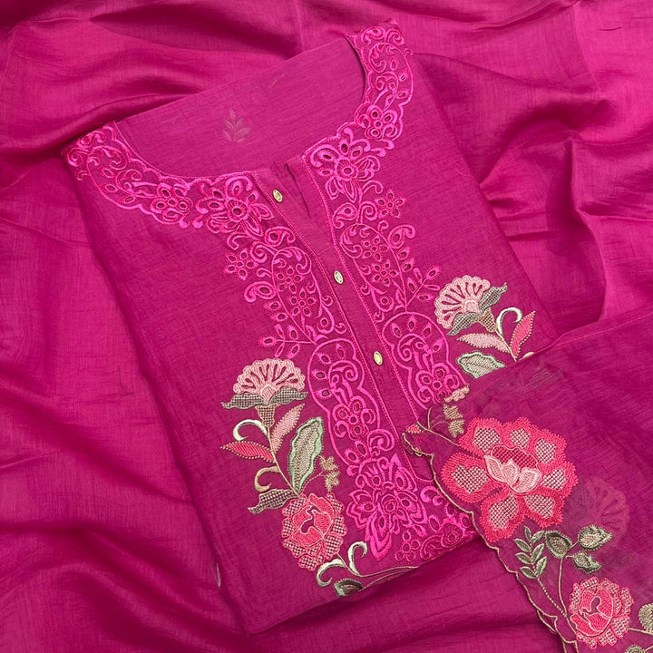 Graceful Mal Chanderi Thread Embroidered Cutwork Unstitched Suit Set - S28577-2