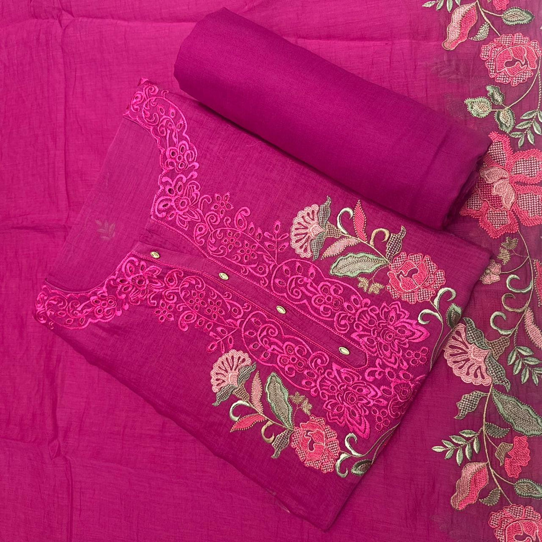 Graceful Mal Chanderi Thread Embroidered Cutwork Unstitched Suit Set - S28577-2