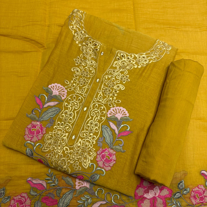 Graceful Mal Chanderi Thread Embroidered Cutwork Unstitched Suit Set - S28577-1