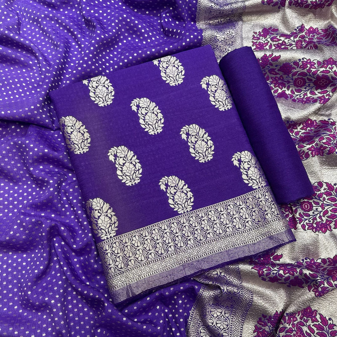 Banarasi Style Pure Monga Silk Handloom Khaddi Work Unstiched Suit Set - AF0800