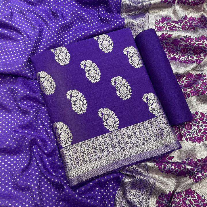 Banarasi Style Pure Monga Silk Handloom Khaddi Work Unstiched Suit Set - AF0800