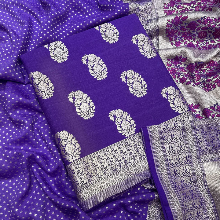 Banarasi Style Pure Monga Silk Handloom Khaddi Work Unstiched Suit Set - AF0800