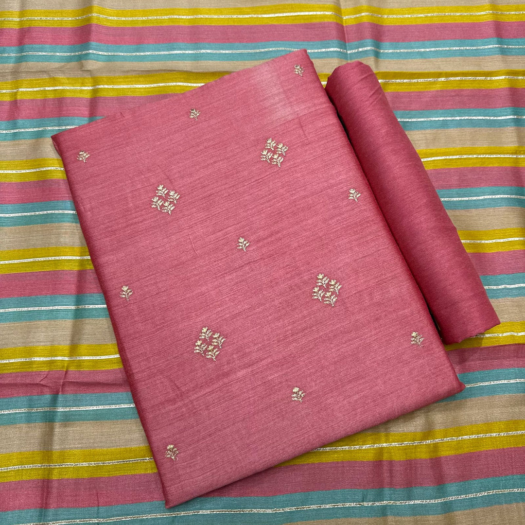 Pure Monga Silk Zari Work Unstitched Suit Set with Multicolor Striped Dupatta - S30384