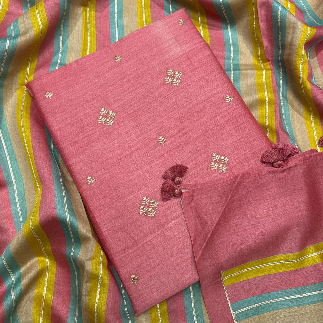 Pure Monga Silk Zari Work Unstitched Suit Set with Multicolor Striped Dupatta - S30384