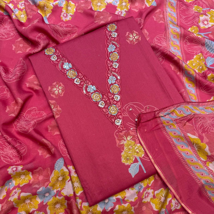 Elegent Modal Cotton Embroidered Unstitched Suit Set With Beautiful Floral Dupatta - PSC464-03