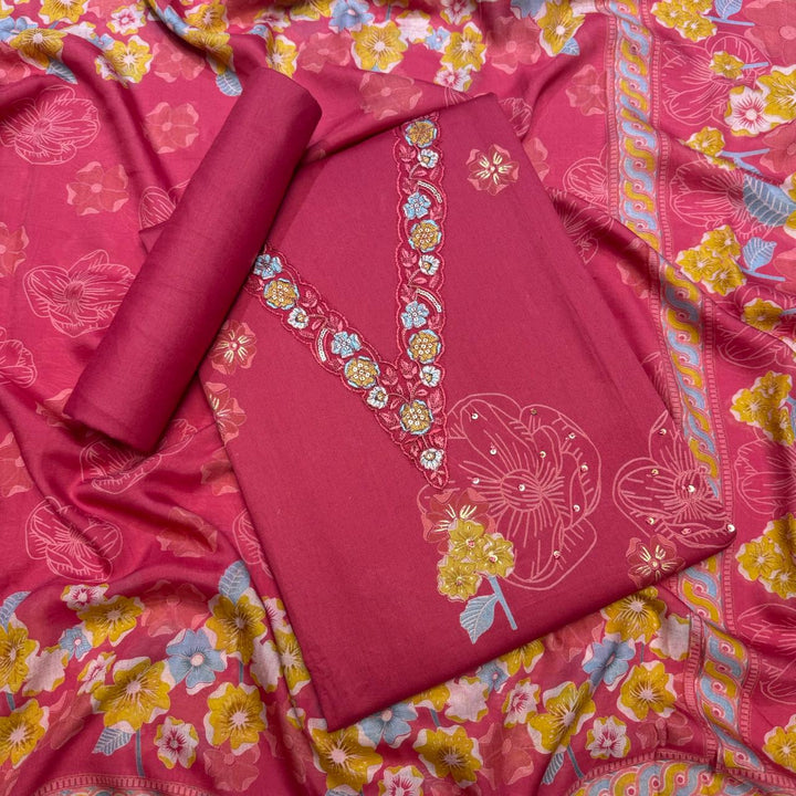 Elegent Modal Cotton Embroidered Unstitched Suit Set With Beautiful Floral Dupatta - PSC464-03