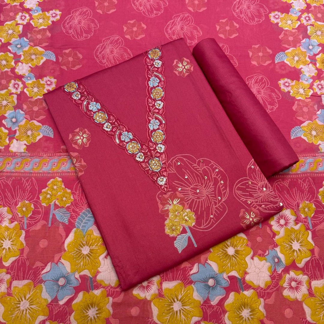 Elegent Modal Cotton Embroidered Unstitched Suit Set With Beautiful Floral Dupatta - PSC464-03