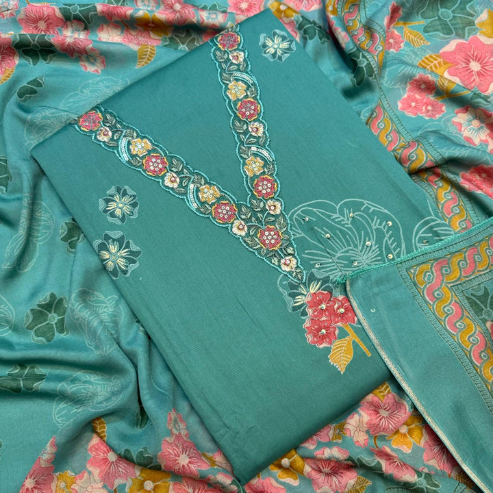 Elegent Modal Cotton Embroidered Unstitched Suit Set With Beautiful Floral Dupatta - PSC464-02