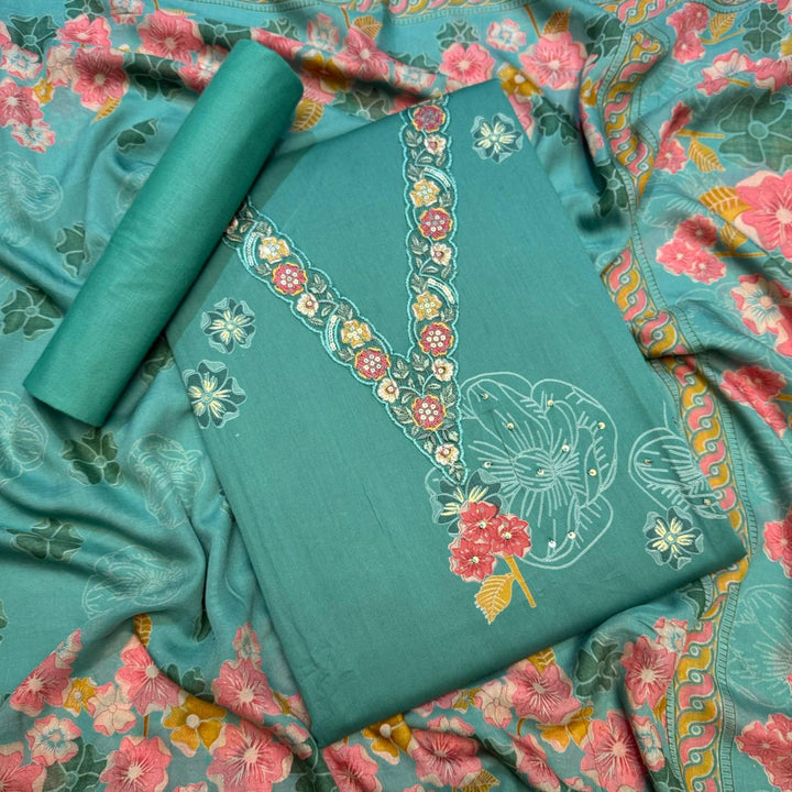 Elegent Modal Cotton Embroidered Unstitched Suit Set With Beautiful Floral Dupatta - PSC464-02