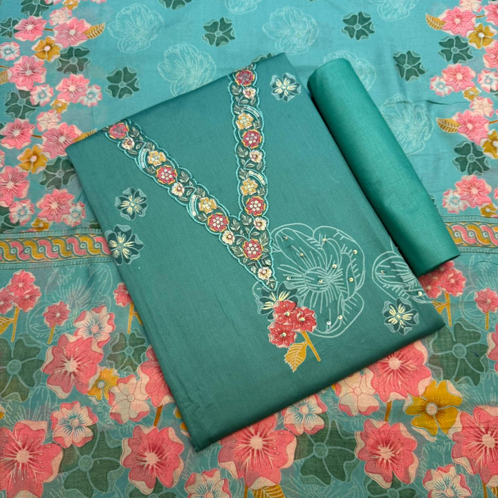Elegent Modal Cotton Embroidered Unstitched Suit Set With Beautiful Floral Dupatta - PSC464-02
